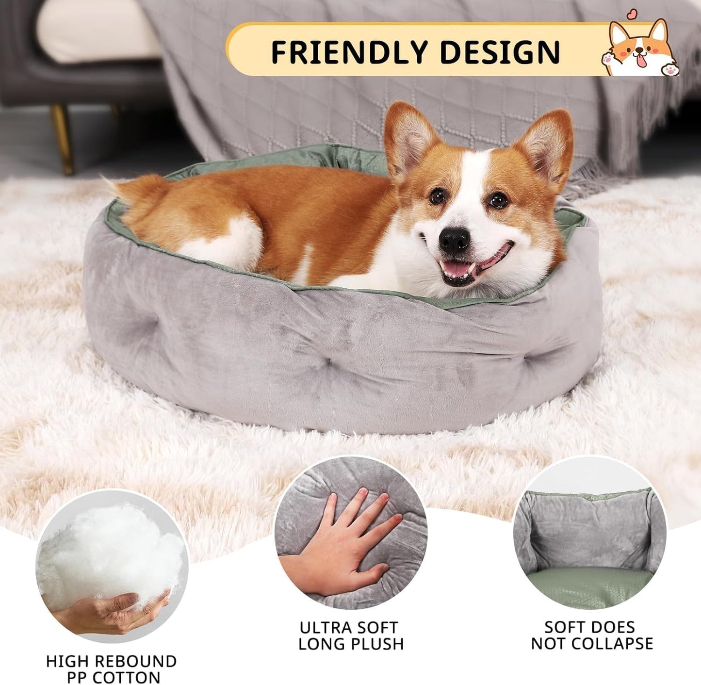 Dual-Sided Pet Bed, Reversible Dog Bed for Small Dogs & Cats with Removable Washable Cover, Warm Plush & Cool Oxford Fabric, Non-Slip Bottom, Grey 20x20 Inch