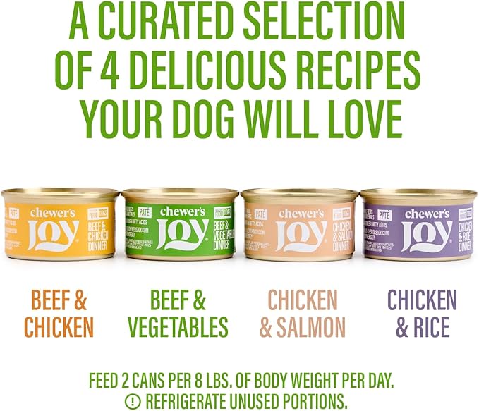 Chewer's Joy Wet Dog Food Variety Pack – 4 Flavors: Beef & Chicken, Chicken & Salmon, Chicken & Rice or Beef & Vegetables – Natural Pâté – High Protein – Complete Nutrition (3oz) – Pack of 24
