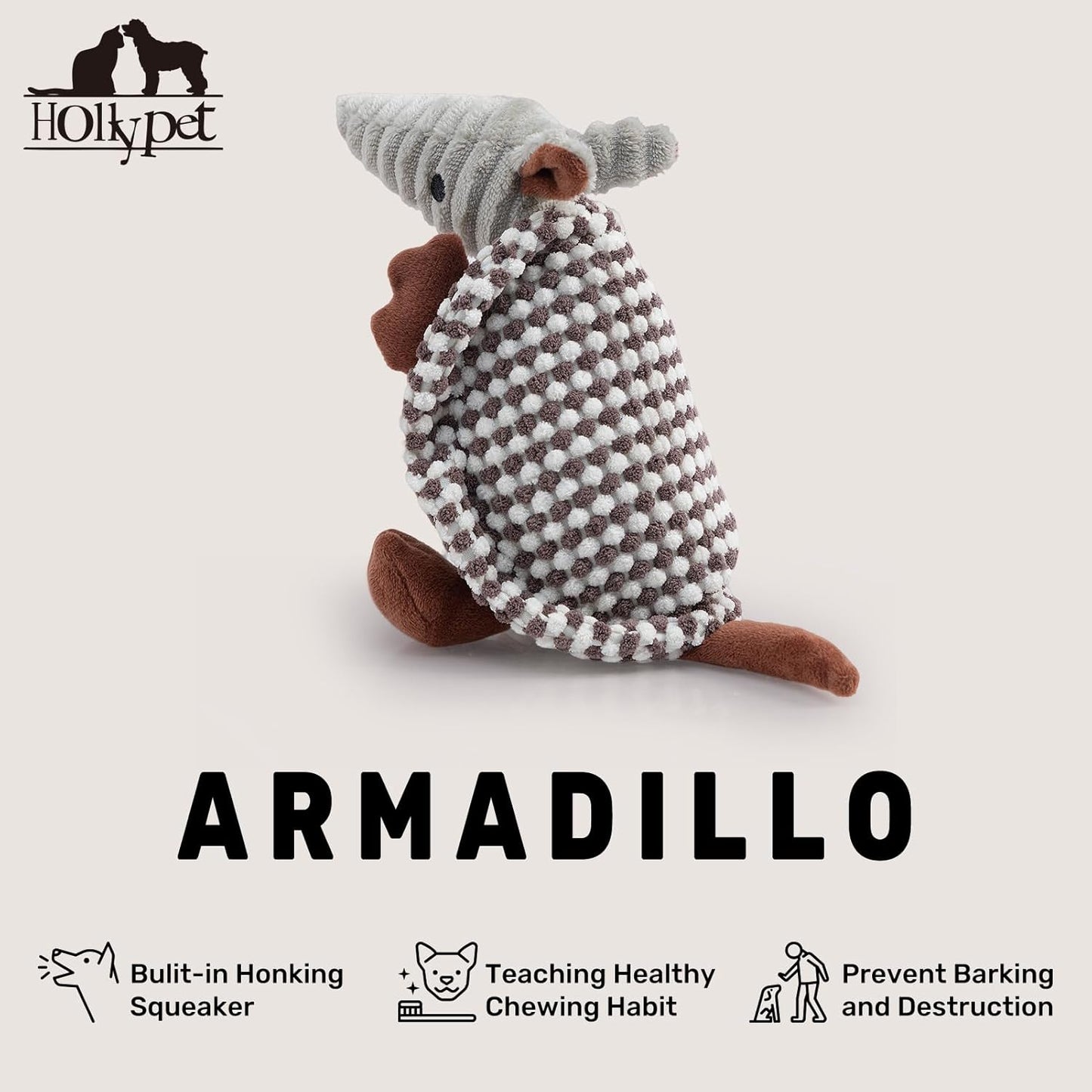 Hollypet Plush Dog Squeaky Toy Stuffed Armadillo Animal Pet Puppy Chew Toys with Clean Teeth for Small Medium Large All Breed Sizes Dogs, White and Light Grey,8 in