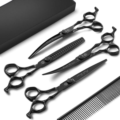 Purple Dragon Dog Grooming Scissors Set - Chunkers, Straight, Up & Down Curved Scissors and Comb, 7 Inch Black Shears with Adjustable Screw for Dogs and Cats