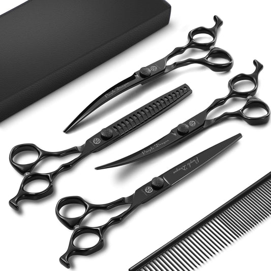 Purple Dragon Dog Grooming Scissors Set - Chunkers, Straight, Up & Down Curved Scissors and Comb, 7 Inch Black Shears with Adjustable Screw for Dogs and Cats