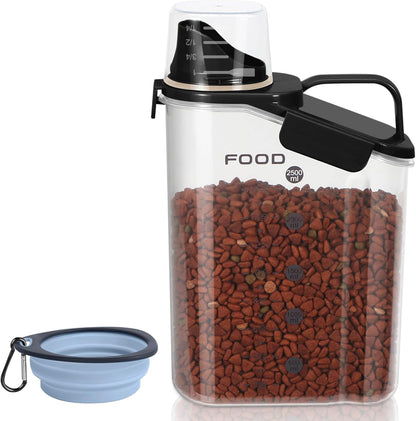 3-5Lbs Small Cat and Dog Food Storage Containers BPA Free, Airtight Pet Food Storage Containers with Large Pour Spout/1 Measuring Cup/ 4 Safety Locks and Pet Folding Bowl (Black)