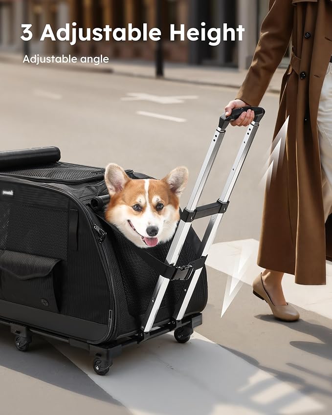 Pecute Cat Carrier with Wheels, Large Space Dog Carrier up to 40lbs,Pet Stroller for Short Legged Dogs,Dog Crate for Medium Small Dogs,Suitable for Dachshund, French Bulldog, Basset Hound, Corgi
