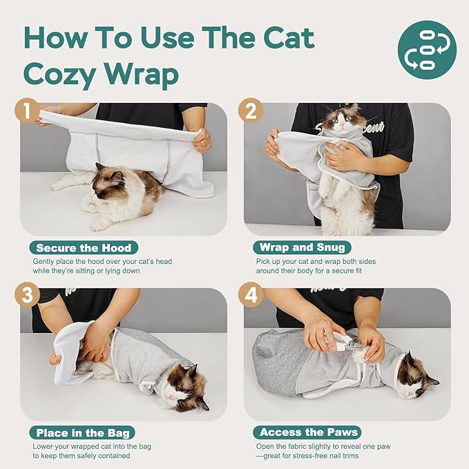 Self-Adhesive Cat Grooming Wrap, Cozy Cat Wrap for Cutting Nails, Breathable Anti-Scratch Cat Swaddle Bag for Brushing, Ear Cleaning, Dental Care, Medication, Injections, Grey S