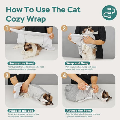 Self-Adhesive Cat Grooming Wrap, Cozy Cat Wrap for Cutting Nails, Breathable Anti-Scratch Cat Swaddle Bag for Brushing, Ear Cleaning, Dental Care, Medication, Injections, Grey S