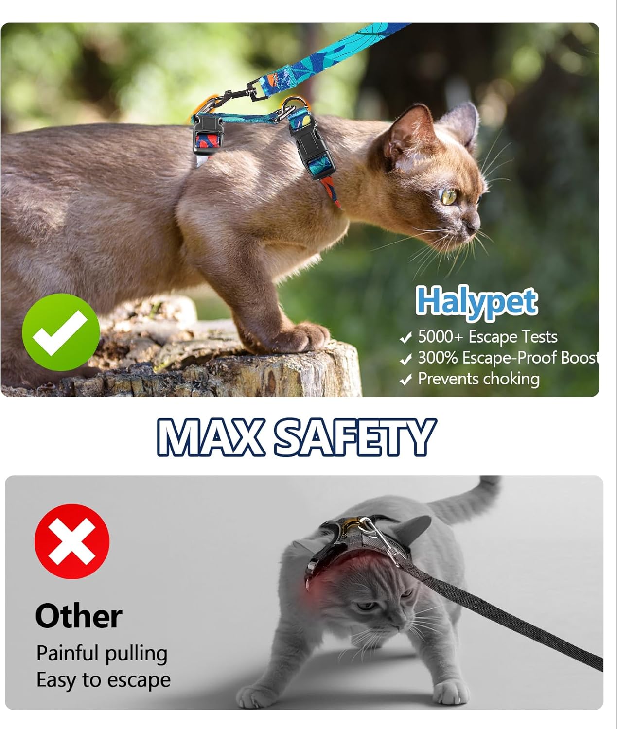 Halypet Cat Harness and Leash Set, 3-in-1 Adjustable & Lightweight, Escape-Proof, Comfortable Soft Kitten Harness for Large Cats, Safe, Easy to Wear, Outdoor Walking Travel