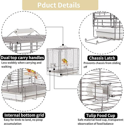 Bird Carrier Travel Cage - 304 Stainless Steel Portable Folding Bird Travel Cage with Parrot Feeder Cups & Standing Perch for Smaller Birds Conures Lovebird Cockatiel Parakeets (White)
