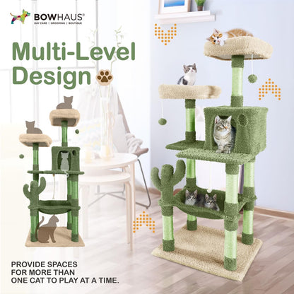 CAPHAUS Cactus Cat Tree for Indoor Cats, Cute 58-Inch Cat Climbing Play Tower with Top Perch for Large Cats Kittens, Multi-Level Cat Activity Tree with Scratching Posts, Hammock, Cat Cave Condo