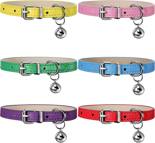 Weewooday 6 Pieces Leather Cat Collar with Bell Cute Pet Leather Kitten Collar for Boy Girl Cats with Safety Elastic Strap for Small Kitten Puppy(Bright Color)