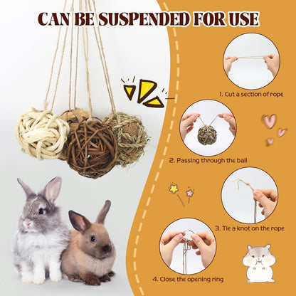 17 Pcs Bunny Chew Grass Balls, Hangable Natural Handmade Enrichment Toys for Teeth Grinding, Enrichment Treats for Rodents Rabbits Guinea Pigs Chinchillas Hamsters Mice, Rolling Chew Toys (2.4")