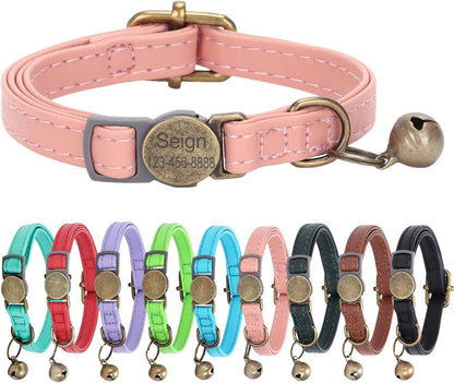 Cat Collar Breakaway, Personalized Leather Cat Collar with Bells-Adjustable Customized Collar with Name & Phone Number Tag for Girl Boy Cats -Quick Release Buckle for Cats & Kittens (Pink)
