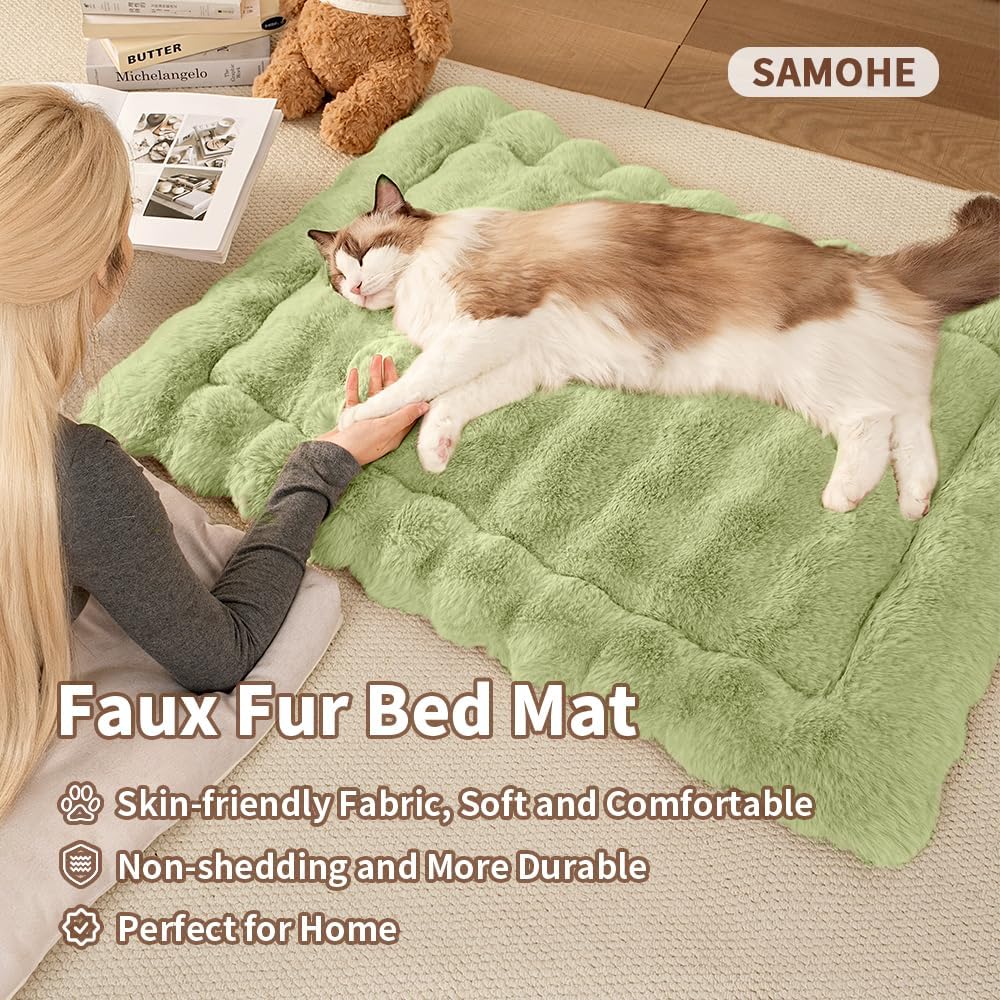 Cat Beds for Indoor Cats Faux Fur Pet Mat Cute Kitten Plush Bed with Non-Slip Bottom for Carriers/Sofa Dog & Puppy Friendly 27 x 20 Inch Large Green