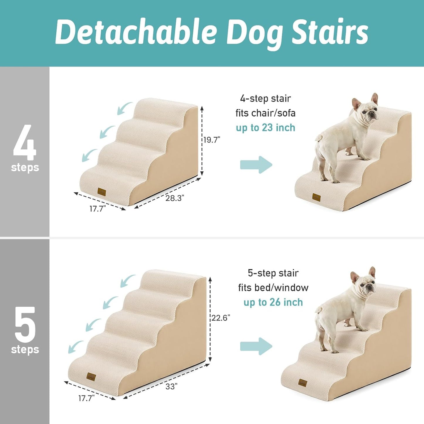 Wide Dog Stairs for Small Dog 19.7" H, Pet Step for Puppy, Older Cat, Curved Ramp for High Bed or Car, Stairs with High Density Foam, Lightweight, Durable, 4 Step, 17.7x28x19.7 inch, Beige