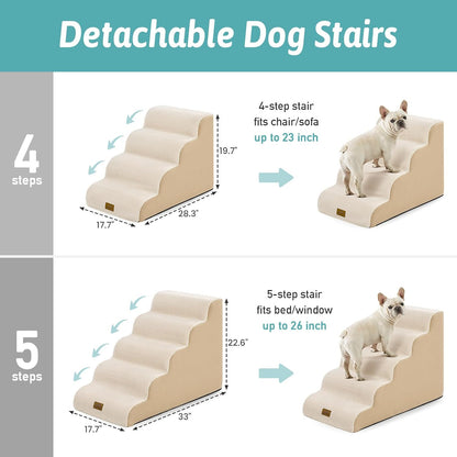Wide Dog Stairs for Small Dog 19.7" H, Pet Step for Puppy, Older Cat, Curved Ramp for High Bed or Car, Stairs with High Density Foam, Lightweight, Durable, 4 Step, 17.7x28x19.7 inch, Beige