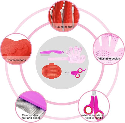 Patelai 4 Pieces Bunny Grooming Kit: Rabbit Nail Clipper, Rabbit Brush, Hair Remover, Shampoo Brush with Adjustable Ring Handle for Rabbits, Hamsters(Pink, Red)