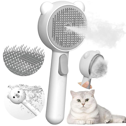 Cat Steam Brush with 2 Spray Levels & Release Button, 4-in-1 IPX7 Waterproof Water Brush for Shedding Grooming, Pet Hair Removal Comb for Long Short Haired Cats Dogs, Self Cleaning Slicker