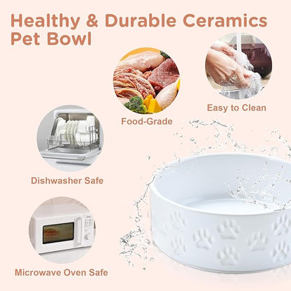 SPUNKYJUNKY Ceramic Dog Bowls 2 Pack, 7.3'' Dog Food Water Double Feeding Bowls Non-Slip for Medium to Large Sized Breed Microwave Dishwasher Safe - 42 OZ, 2pcs, Paw White