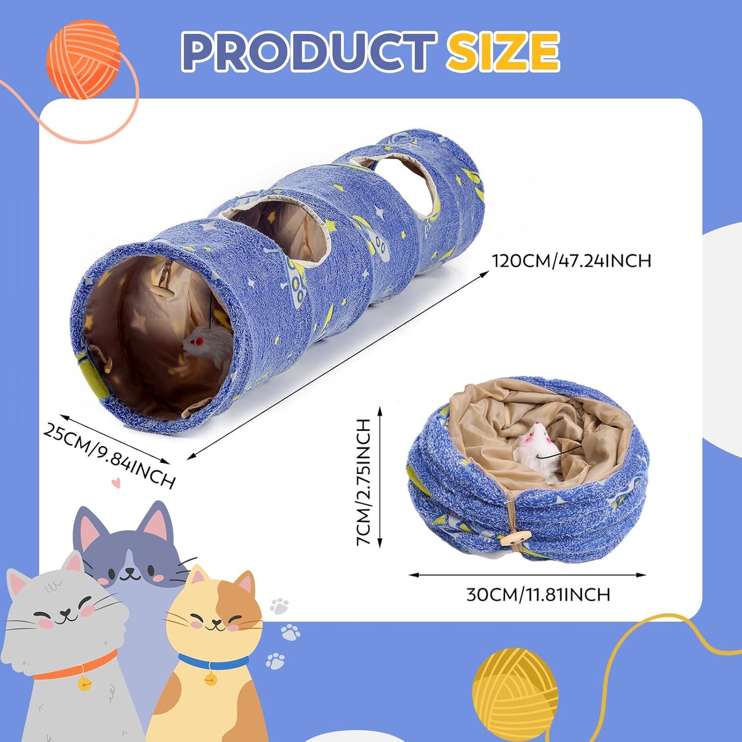 Glowing Astronaut Pattern Cat Tunnel - Collapsible with Plush Balls, Ideal for Indoor Cats, Rabbits, Kittens, Ferrets & Puppies (Blue)