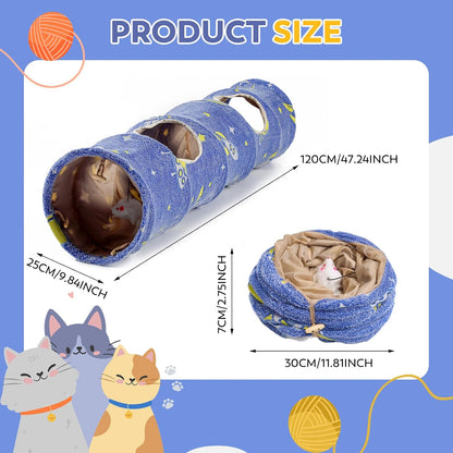 Glowing Astronaut Pattern Cat Tunnel - Collapsible with Plush Balls, Ideal for Indoor Cats, Rabbits, Kittens, Ferrets & Puppies (Blue)