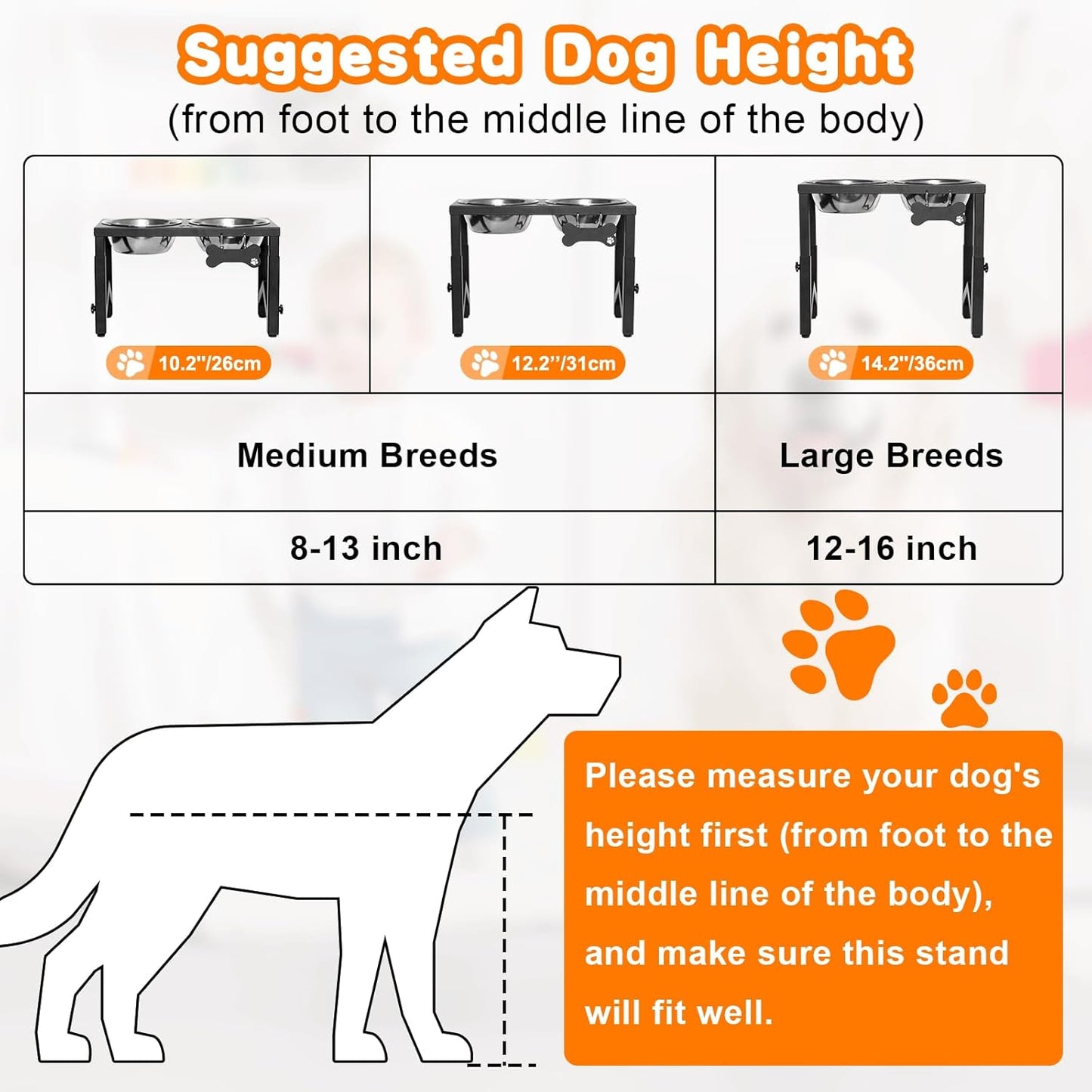 Elevated Dog Bowls, 3 Height Adjustable Metal Raised Bowl Stand with 2 Thick Stainless Steel Food Bowls & Spill-Proof Mat, Adjusts to 14.2'', 12.2'', 10.2'' for Large/Medium Breeds