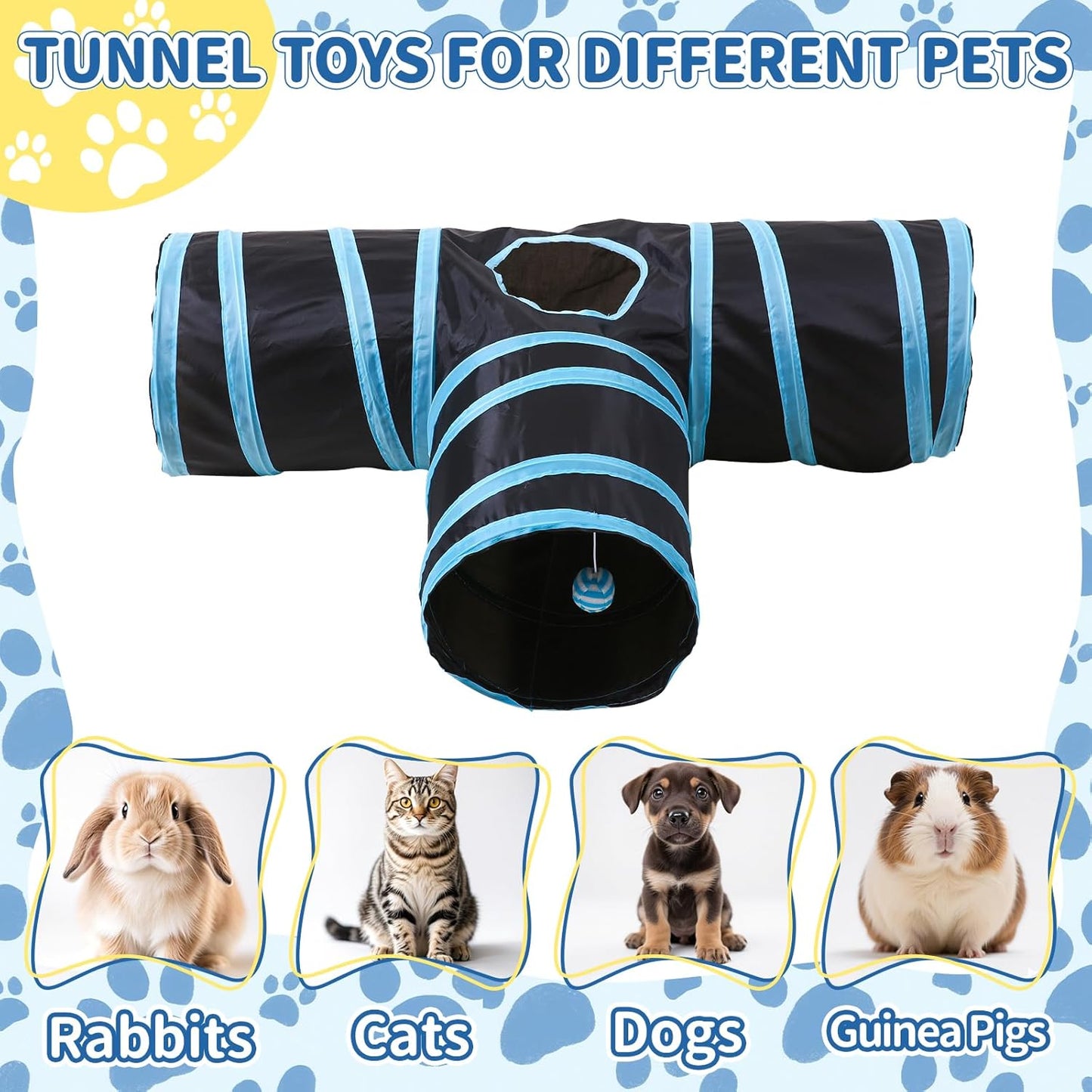 Pet Cat Tunnel, T-3 Way Tunnels for Indoor Cats, Collapsible Pet Tunnel for Kitten, Puppy, Rabbit, 25cm-Wide Tunnels, Durable & Breathable, with Peek Hole Toy Ball