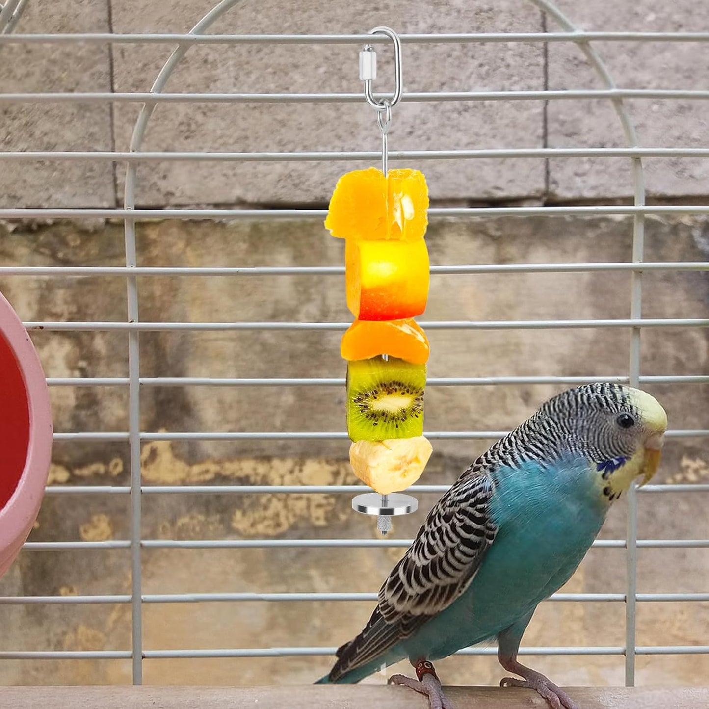 3 Pieces Stainless Steel Bird Cage Food Holder Set, Hanging Millet Holder Basket and Parrot Fruit Vegetable Skewer, Slow Treat Feeder Parrot Foraging Toys for Rat Small Pet Feeding
