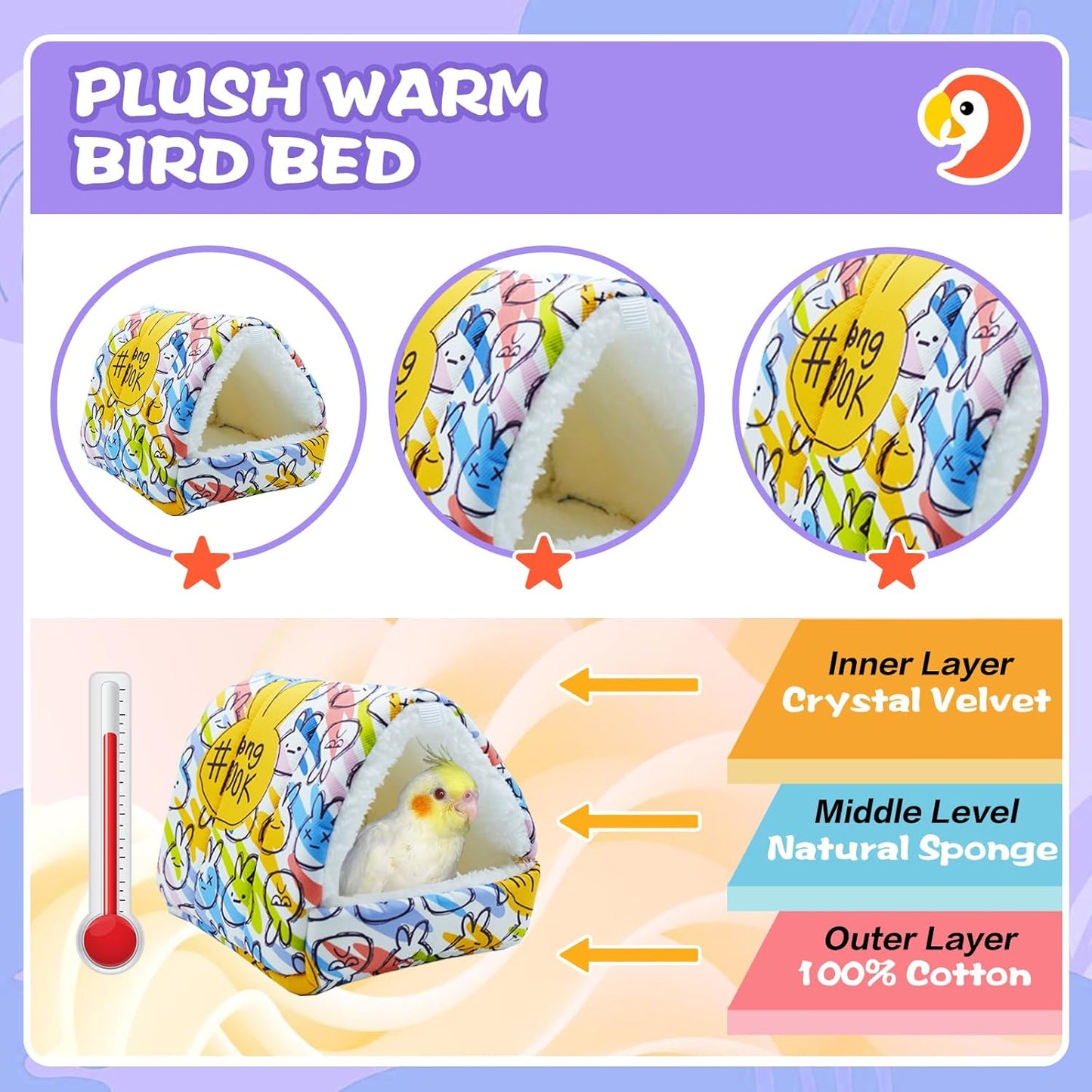 SUSOO Plush Warm Bird Nest House - Hanging Snuggle Bed Velvet Shed Hut Cage Fluffy Hideaway Winter Sleeping Hammock for Parrot Parakeet Conure Cockatiel Budgies Lovebird (Colorful, M)