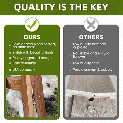 Solid Acacia Hardwood Elevated Dog Bowl Stand, Raised Feeder for Medium & Large Dogs, Fits up to 9″ Bowls, Improves Posture and Reduces Neck Strain, Stand Only