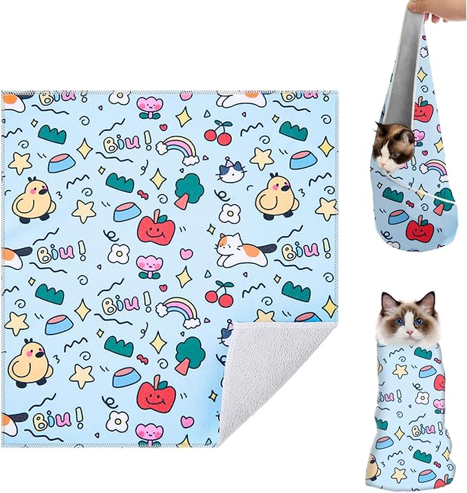 Cat Grooming Wrap for Cutting Nails, 27.5 * 27.5in Self-Adherent Cat Scratching Blanket for Nail Clipping Ear Cleaning Teeth Brushing Cats Anti-Scratch/Escape Swaddle Restraint Bag (Blue)