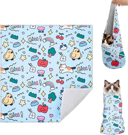 Cat Grooming Wrap for Cutting Nails, 27.5 * 27.5in Self-Adherent Cat Scratching Blanket for Nail Clipping Ear Cleaning Teeth Brushing Cats Anti-Scratch/Escape Swaddle Restraint Bag (Blue)