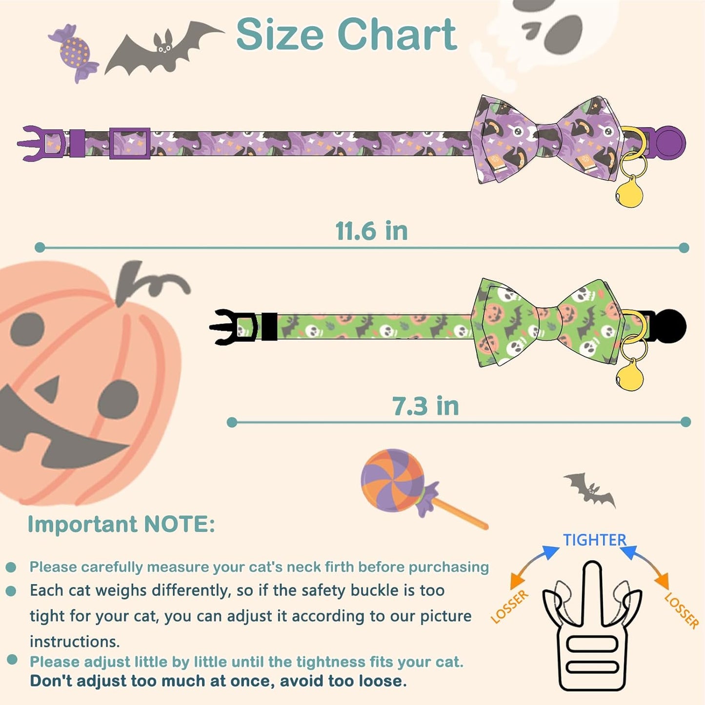 Faygarsle 2 Pack Cute Seasonal Cat Collar for Halloween and Fall Breakaway Collar with Bells Bowtie Cute Patterns for Female and Male Cats Green Purple Cat Collar