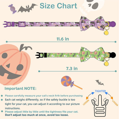 Faygarsle 2 Pack Cute Seasonal Cat Collar for Halloween and Fall Breakaway Collar with Bells Bowtie Cute Patterns for Female and Male Cats Green Purple Cat Collar