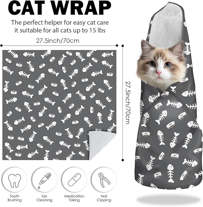 27.6"Cat Grooming Wrap, Self Adhesive Cat Wrap for Cutting Nails, Anti-Escape Calming Cat Swaddle Wrap for Medicine Ear Cleaning, Anti-Scratch Cats Burrito Restraint Blanket, Pet Tool Grey (6-10 lbs)