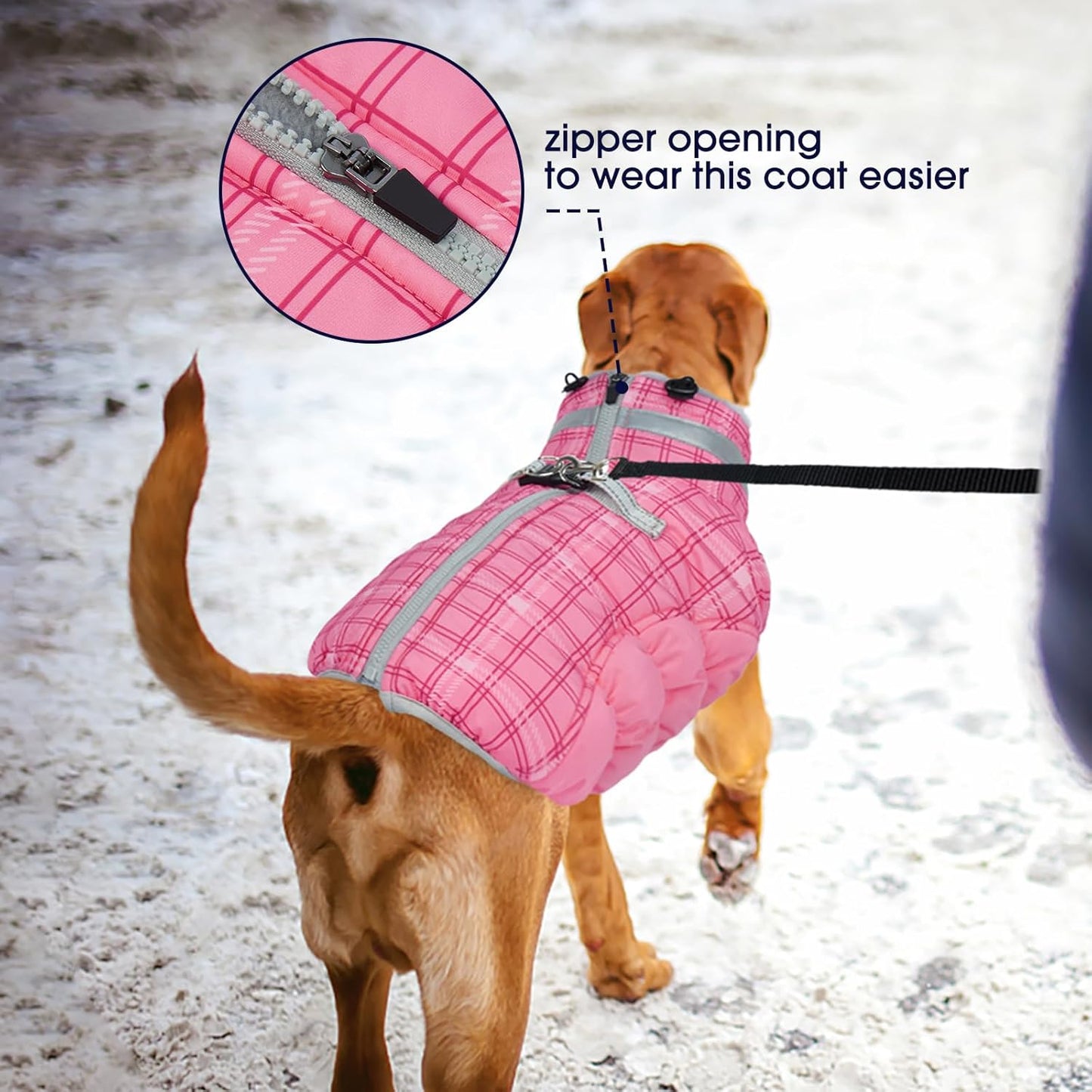 FUAMEY Dog Coat for Small Dogs,Waterproof Dog Winter Jacket with Harness Built in Puppy Cold Weather Coats Reflective Pet Vest with Zipper Warm Fleece Dogs Snowsuit Windproof Rose Plaid S