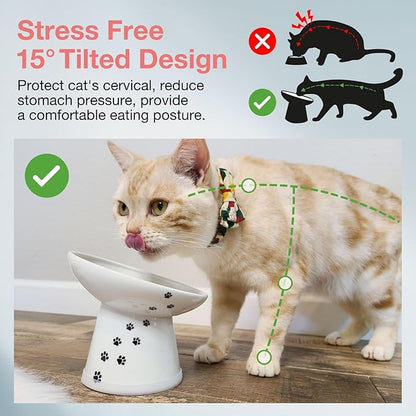 Necoichi Raised Cat Food Bowl – Ceramic Elevated 15° Tilted Cat Bowl for Whisker & Neck Fatigue, Dishwasher Microwave Safe – Non-Slip & Anti Vomiting Ergonomic Design (Cats, Extra Wide Tilted)