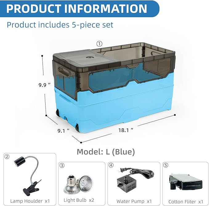 Turtle Tank kit with Filter+Water Pump+Heat lamp, Wheels, Easy to Move, Imitate The Natural Flows, Suitable for Small Turtle Horned Frog Hermit (L, Blue)