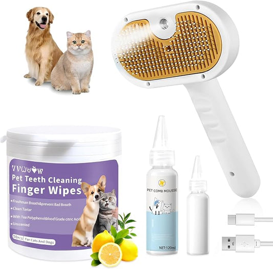 Pet Steam Brush for Dog & Cat – 3-in-1 Spray Hair Removal Comb for Shedding & Grooming – Water Brush for Long & Short Haired Pets – Includes Waterless Shampoo & Dental Wipes