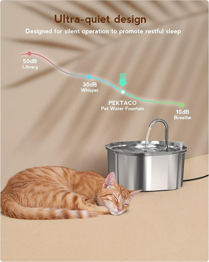 PEKTACO Cat Water Fountain, 3.2L/108oz Stainless Steel Pet Water Fountain for Cats/Dogs Indoor, Dog Drinking Dispenser Metal Kitty Spout with 6 Filters+ 6 Sponges