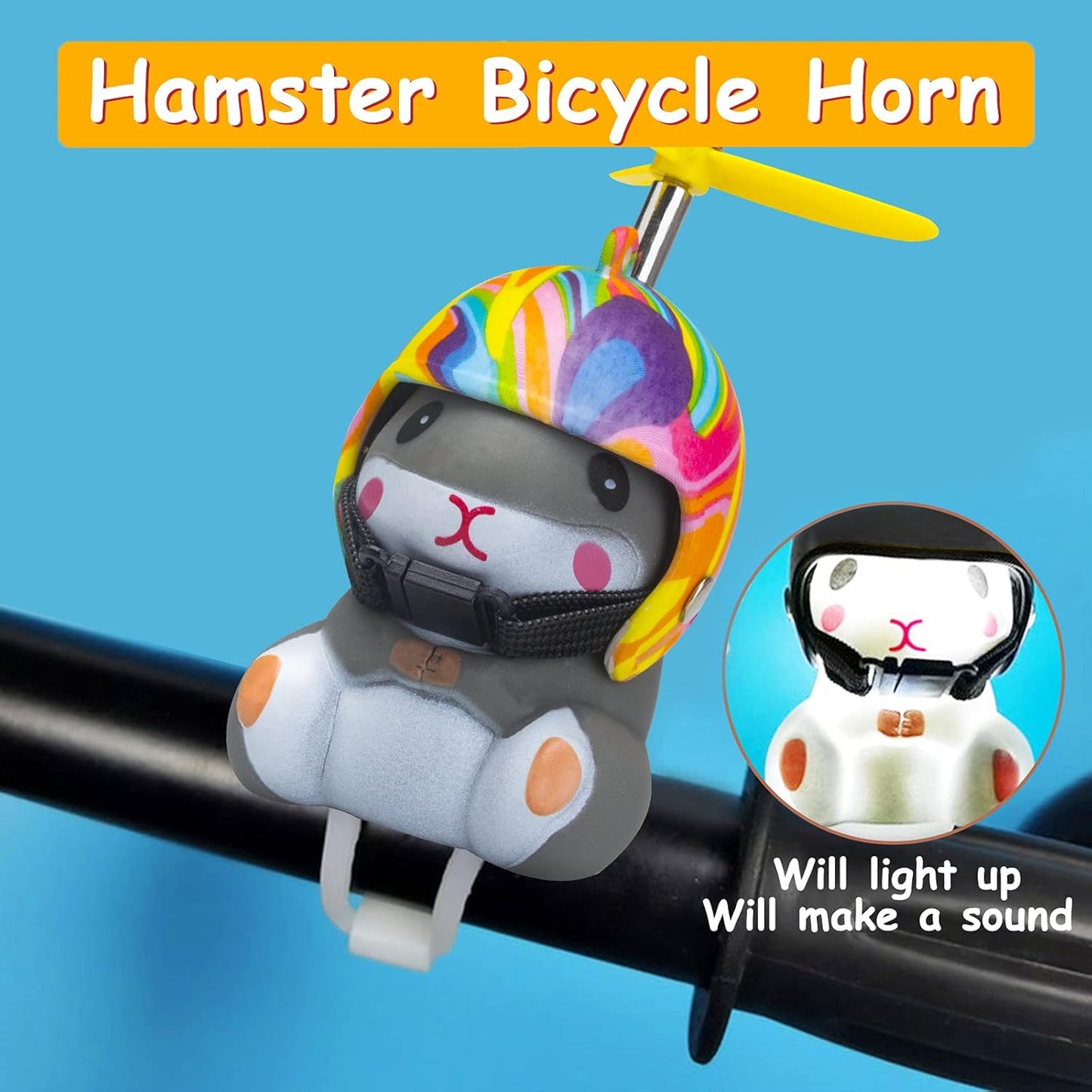 wonuu Duck Bike Bell with Light and Helmet Cute Hamster Bicycle Horn, Dashboard Decoration Hamster Toy Motorcycle Bike Bells Rubber Duck Car Dashboard Decorations (Rainbow-Hamster)