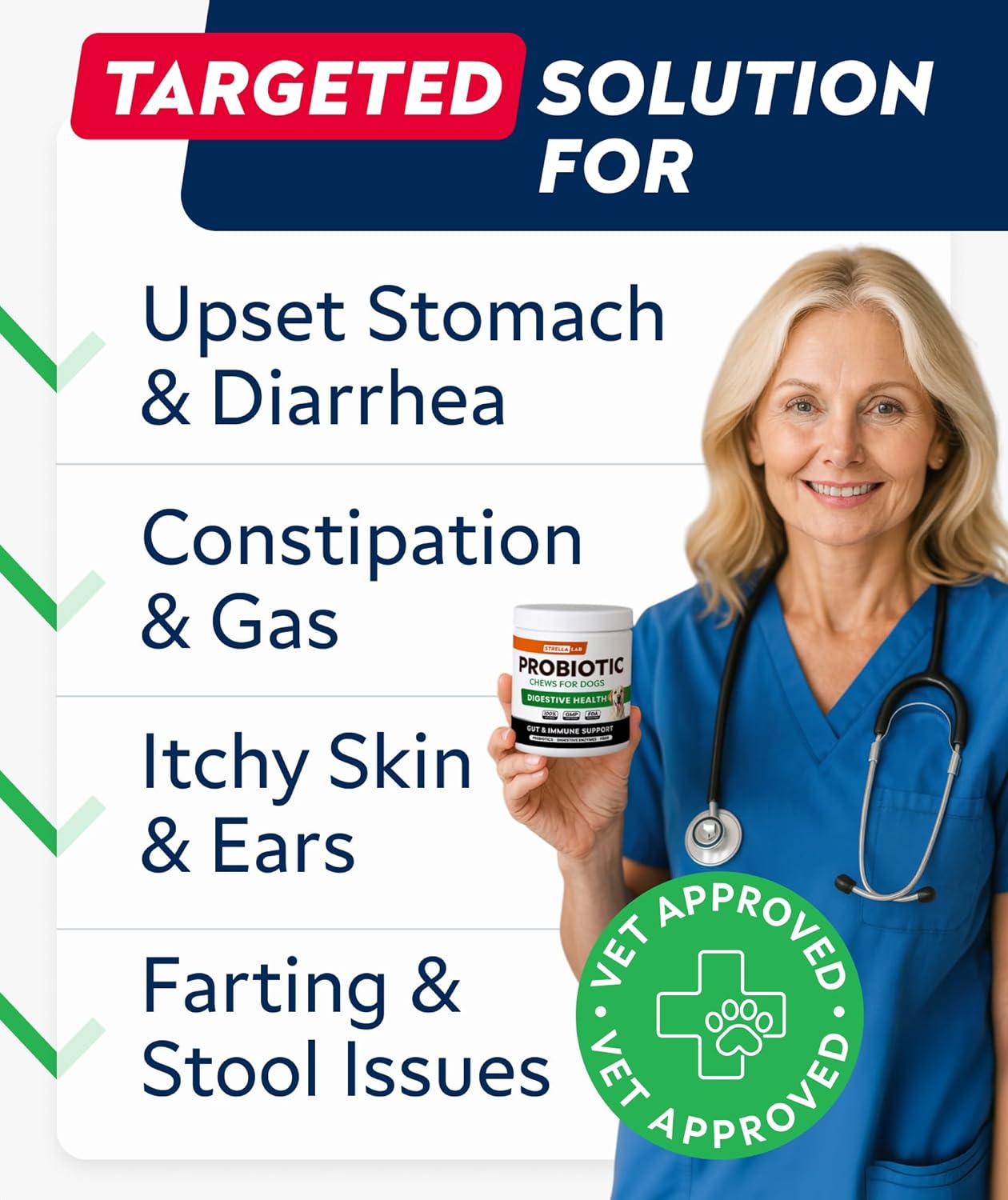 STRELLALAB Dog Probiotics for Digestive Health & Enzymes - Diarrhea, Gas, Upset Stomach Relief & Season Allergy - Pet Probiotics for Dogs- Chews for Digestion - Gut Health for Dogs (60Ct)