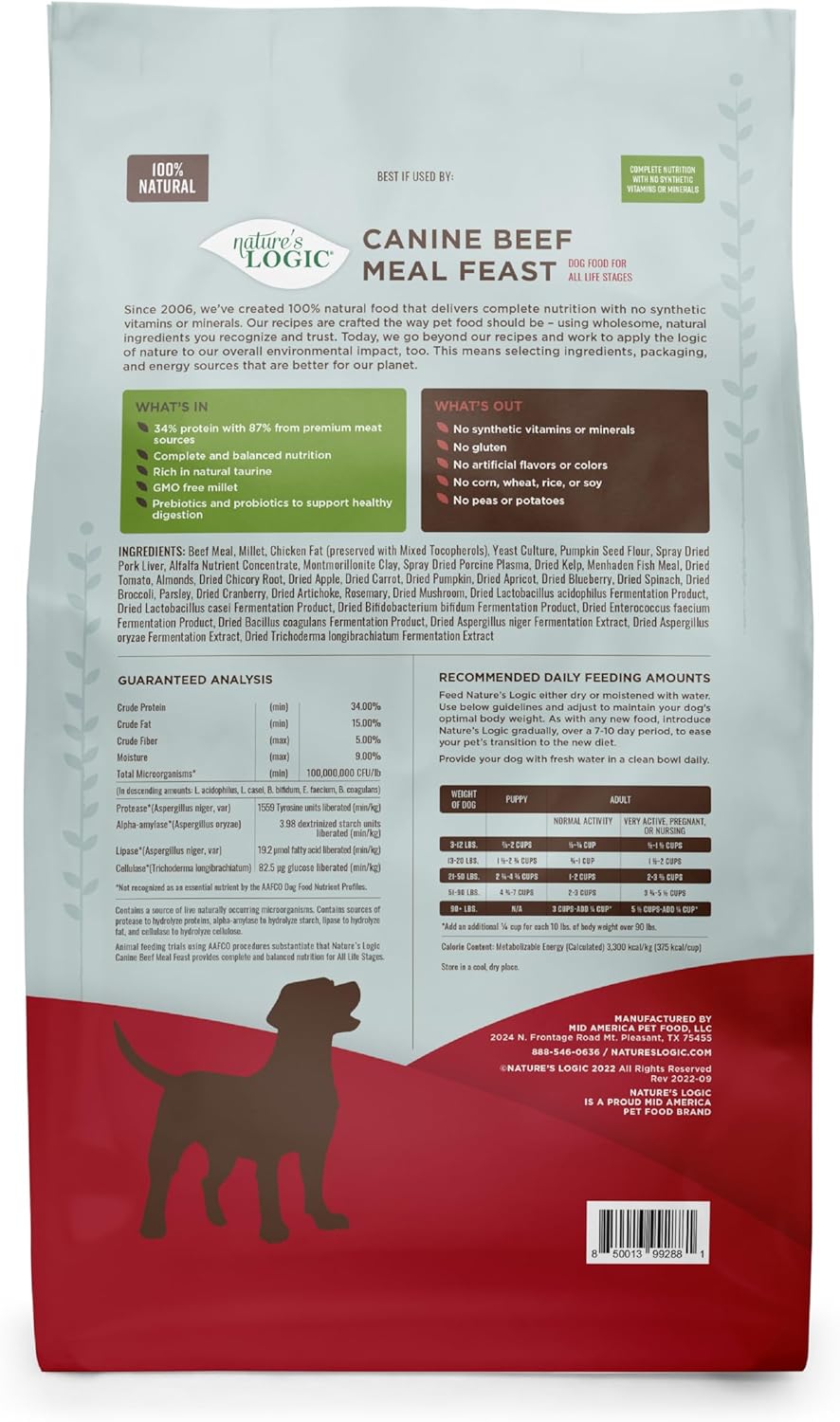 NATURE'S LOGIC Dry Dog Food - 100% Natural - No Synthetics - for All Ages, Sizes, Breeds - Free from Common Allergens, High Protein - Beef Meal Feast, 25lbs