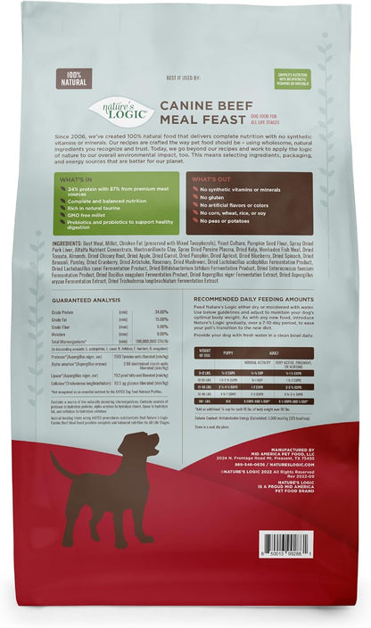 NATURE'S LOGIC Dry Dog Food - 100% Natural - No Synthetics - for All Ages, Sizes, Breeds - Free from Common Allergens, High Protein - Beef Meal Feast, 25lbs