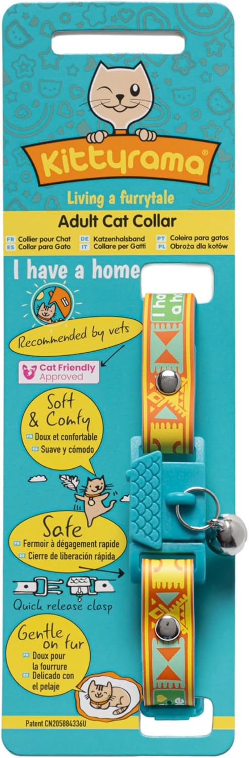 New Kittyrama -I Have A Home- Cat Collar with Bell. Breakaway, Quick Release, Hypoallergenic, Vet Approved. Lightweight Kitten Collar. As Seen in Vogue. Soft & Comfy. Savanna