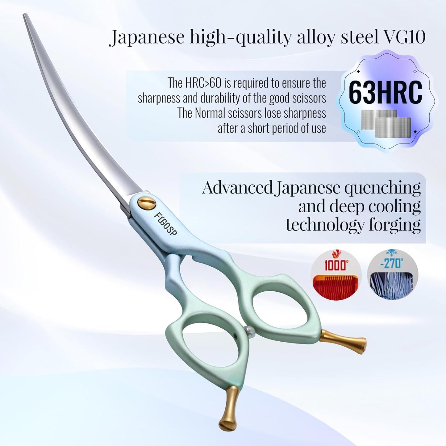 Professional Curved Dog Grooming Scissors with Sharper Self Grinding lightweight and finely trimmed split structure 6.5'' Japan VG10 63HRC for small dogs cat pet(Blue&Green)