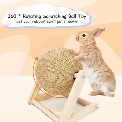 BNOSDM Rabbit Scratch Toy Wooden Natural Sisal Rope Rabbit Scratching Toy Ball Bunny Scratcher with Ball for Rabbits Bunnies Ferrets Kittens Small Animals (Small)