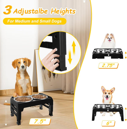 Elevated Dog Bowls 3 Height Adjustable Raised Bowl Stand with 25oz Stainless Steel Dog Food Bowls Anti-Slip for Small Dogs Adjusts to 7.5", 6", 2.75", Black
