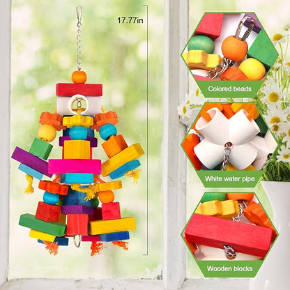 Kyouki Large Parrot Toy, Bird Toys for Cockatoos,Macaws, African Grey, Amazon Parrots,Conures, Lovebirds, Multicolored Natural Wooden Blocks Chewing Toys Bird Cage Accessories (Colorful)