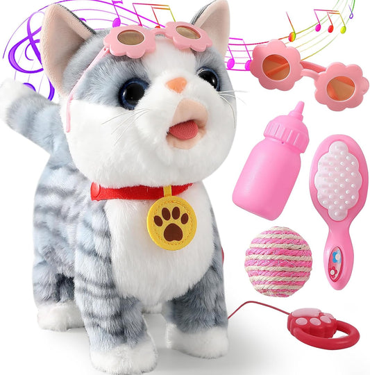 Gray Walking Cat Set Interactive Toy Cat for Girl Repeat What You Say Toy Kitten Talking Singing Dancing Touch Control Robot Cat Toy for Kid with Leash Wagging Tail Nodding Plush Electric Kitty