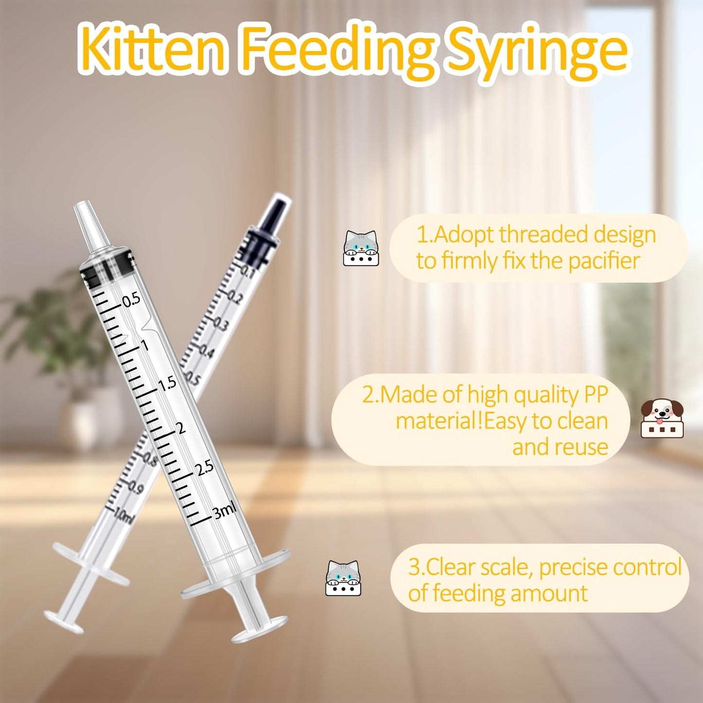 Pet Nursing Bottle Kit for Newborn Animals,Kitten Bottle Feeding Kit Silicone Anti-Choking Nipple and Kitten Syringe for Kittens Puppys Rabbits Squirrel (Yellow)
