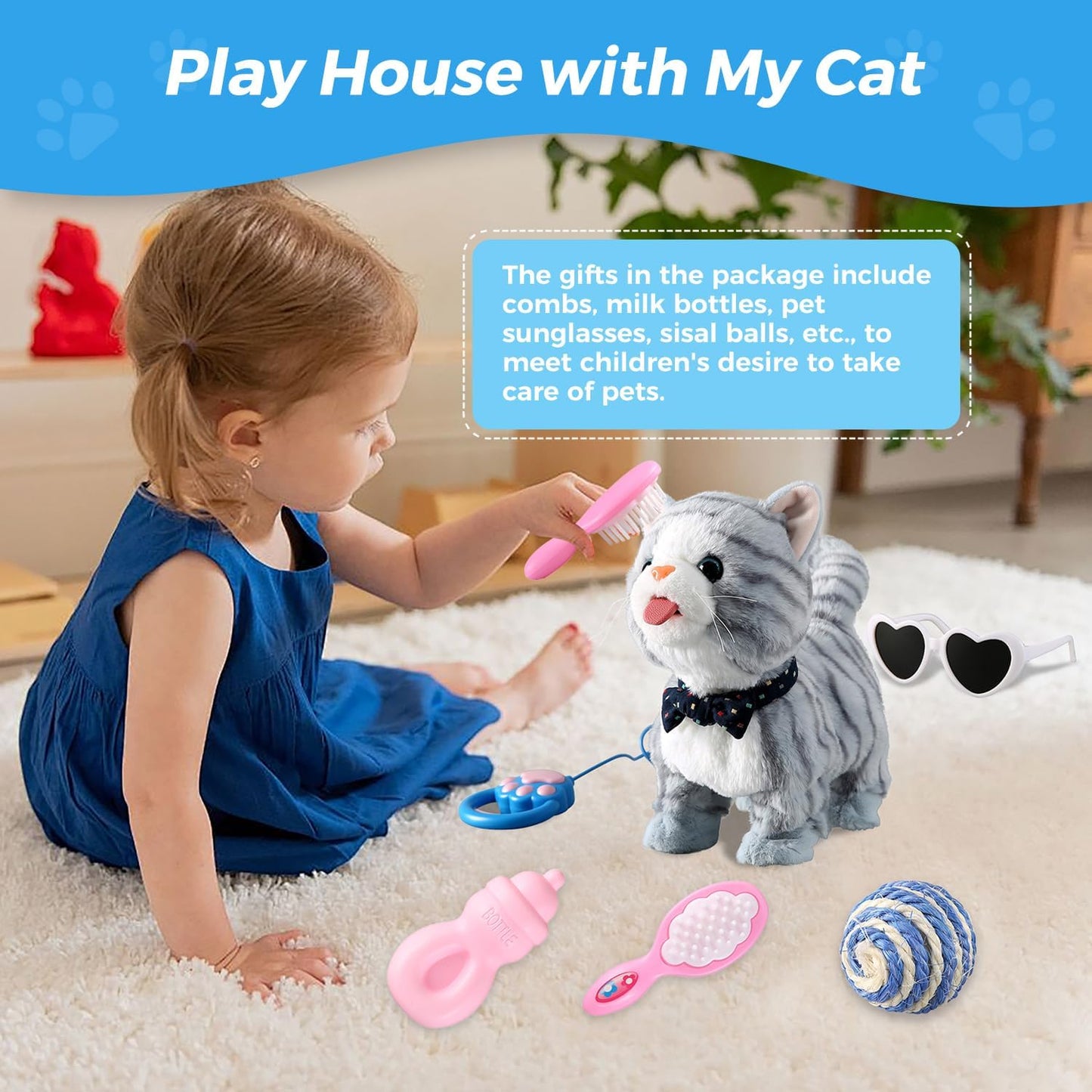 Gray Leash Walking Cat Set Toy Interactive Talking Cat Singing Dancing Kitten Mimicking Repeat What You Say Kitty Touch and Voice Control Nodding Wagging Tail Plush Electric Robot for Kid Girl